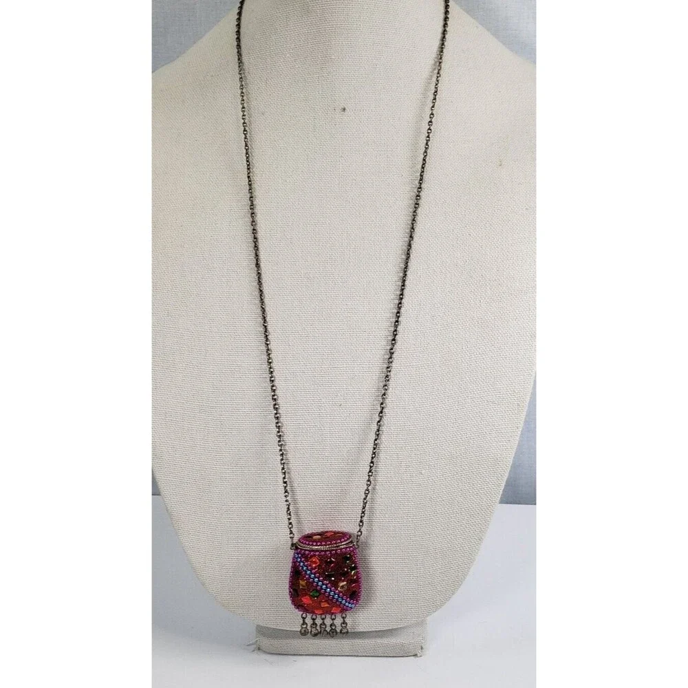 Vintage Tibetan Metal Cash Pill Stash Pouch Red Amulet Tincture Dangler 32" RARE - Picture 2 of 15